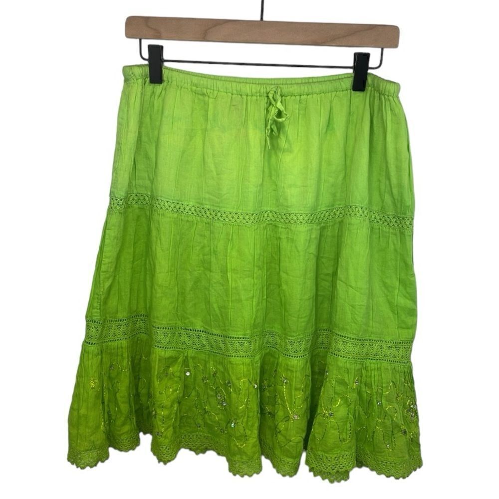 KommotionNY Boho Pull On  Tiered embellished Crochet detailed green skirt Large